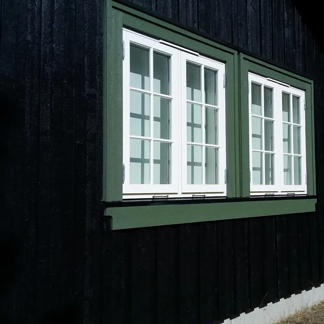 Et vindu med hvite sprosser og grønn karm på en svart trebygning, belyst av solen.